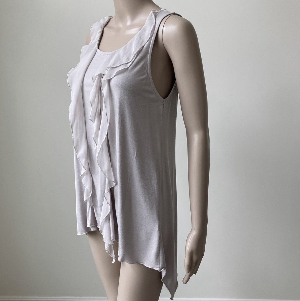 Kische Sleeveless Blouse Woman Sz M Jersey Top Sheer Ruffle High Low Mauve Gray